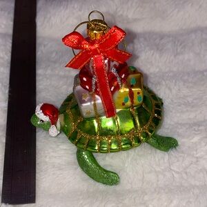 Festive Glass Turtle Christmas Tree Ornament with Gifts